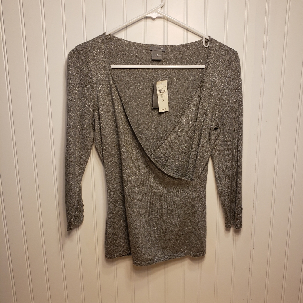 NWT Ann Taylor Shimmer Gray Wrap Sweater S